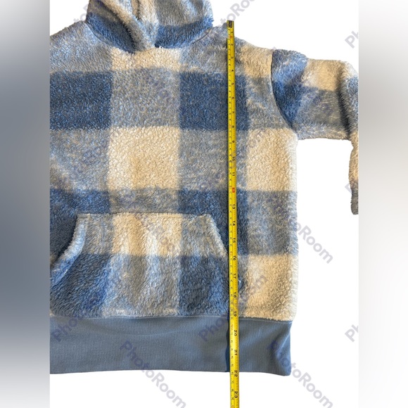 SO girls blue & white faux fur plaid hoodie size L 10/12 - Picture 8 of 9
